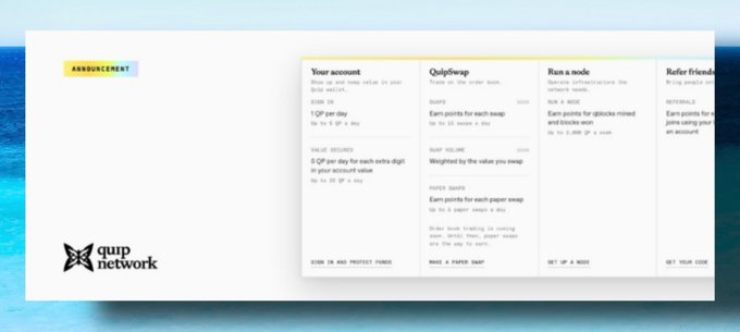 Quip Network announcement graphic detailing account benefits, including "Swap", "Run a node", and "Refer friends" options.