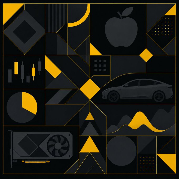 A geometric digital collage in black and yellow featuring financial and technology symbols, including candlestick charts, a pie chart, an Apple logo, a Tesla car silhouette, and a graphics card.