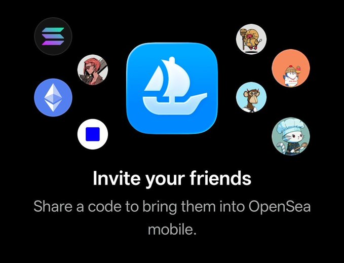 An OpenSea referral screen with the central OpenSea sailboat logo, surrounded by various NFT project icons (including Solana and Ethereum), reading "Invite your friends / Share a code to bring them into OpenSea mobile."