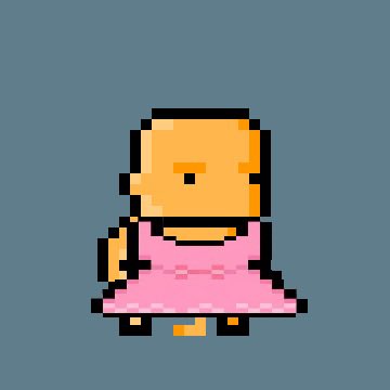 Pixel art character depicting a bald figure wearing a pink dress on a gray background.
