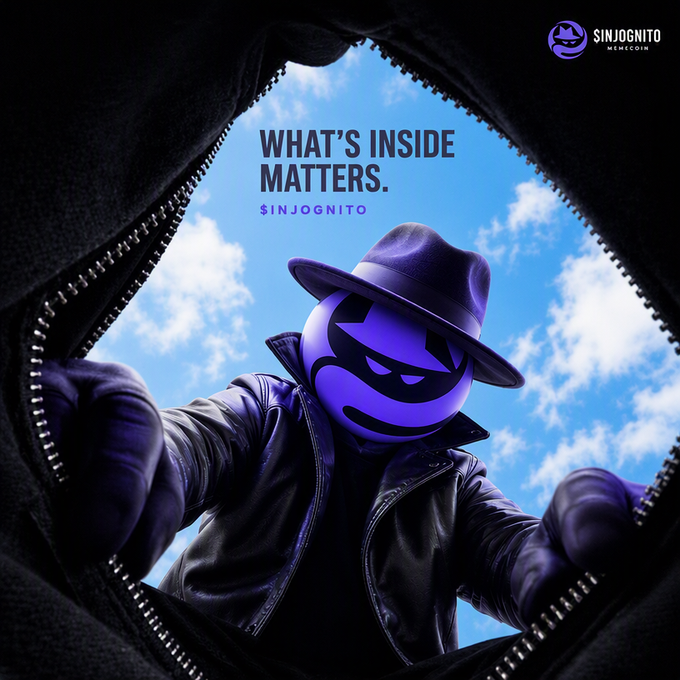 An advertisement for 'SINJOGNITO MEMECOIN' showing a purple masked character in a hat and leather jacket emerging from a zipper, with the tagline 'WHAT'S INSIDE MATTERS. $INJOGNITO'.
