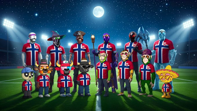 The image shows a group of stylized digital characters and avatars wearing red and blue Norway national football team jerseys, posed together on a stadium pitch at night under a full moon with floodlights overhead. The lineup includes pirate-themed characters, monkeys, a yellow mascot with a sombrero, and other creative NFT-style figures, tying directly into the post's "#NFT" theme by transforming the team into a collection of unique digital collectibles ready to win their next match.