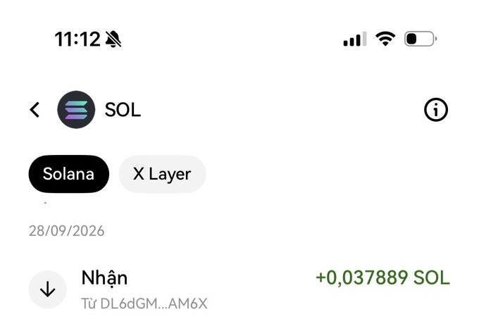 A screenshot of a crypto wallet transaction showing a receipt of +0.037889 SOL received on 28/09/2026 on the Solana network. The accompanying post references earnings from Yap, suggesting this small SOL deposit likely represents the user's first payout from the platform.