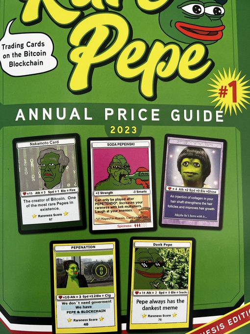 Cover of 'Rare Pepe Annual Price Guide 2023 #1' featuring trading cards on the Bitcoin blockchain, including 'Nakamoto Card', 'SODA PEPENSKI', 'Smooth Operator', 'PEPENATION', and 'Dank Pepe' with rarity scores and Ethereum-based pricing.