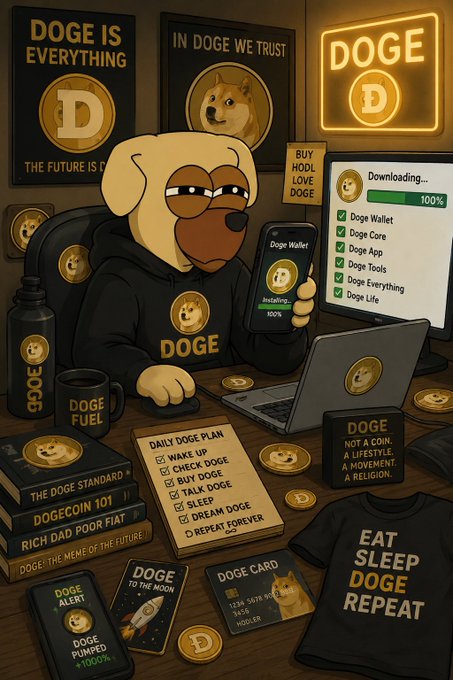 The image features a cartoon dog sitting at a desk with various items, including a laptop computer, books, and other objects such as a cell phone, wallet, and a cup of coffee. The background includes a neon sign that says "DOGE IS IN DOGE WE TRUST". The main focus is on the cartoon dog holding a cell phone in its lap while sitting at the desk surrounded by these items.