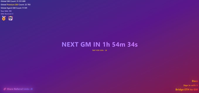 A purple gradient screen showing cryptocurrency statistics including 'Global GM Count: 31 331 688', 'Global Premium GM Count: 22 783', and a countdown timer reading 'NEXT GM IN 1h 54m 34s'.