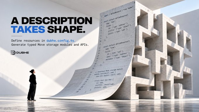 A promotional graphic for Dubhe features the headline 'A DESCRIPTION TAKES SHAPE' alongside code snippets, with a woman standing before a large sculptural wall of code and concrete.