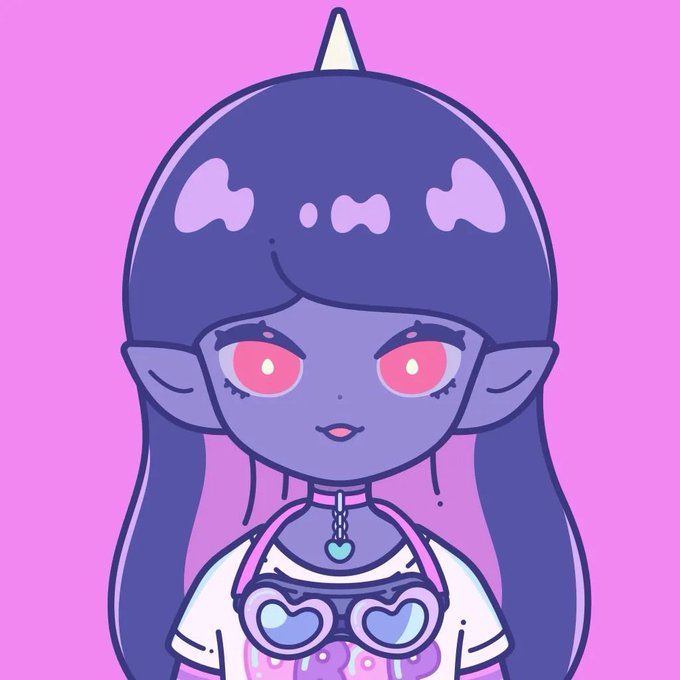A cute chibi-style illustration of a purple-skinned character with pink eyes, long purple hair, a small horn, and heart-shaped sunglasses, set against a pink background.