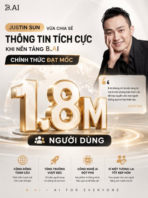 The image features a man posing for a photo with the caption "Justin Sun has just shared positive news as the platform BAI officially reaches the milestone of 1.8 million users." The man appears to be smiling, adding a sense of positivity to the scene.