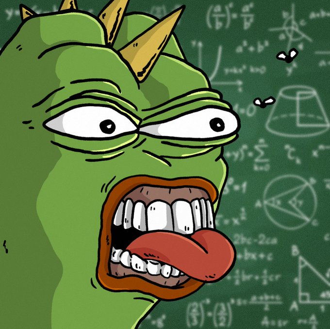 A cartoon image of a green goblin-like creature with a yellow crown, making a goofy face with its tongue out and teeth showing, set against a chalkboard background filled with mathematical equations and geometric shapes.