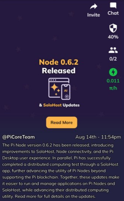 A screenshot from the Pi Network app announcing 'Node 0.6.2 Released & SoloHost Updates' by '@PiCoreTeam' on 'Aug 14th - 11:54pm', with a 'Read More' button and side menu showing node status at 40%, 0/2 users, and a mining rate of 0.011 π/h.