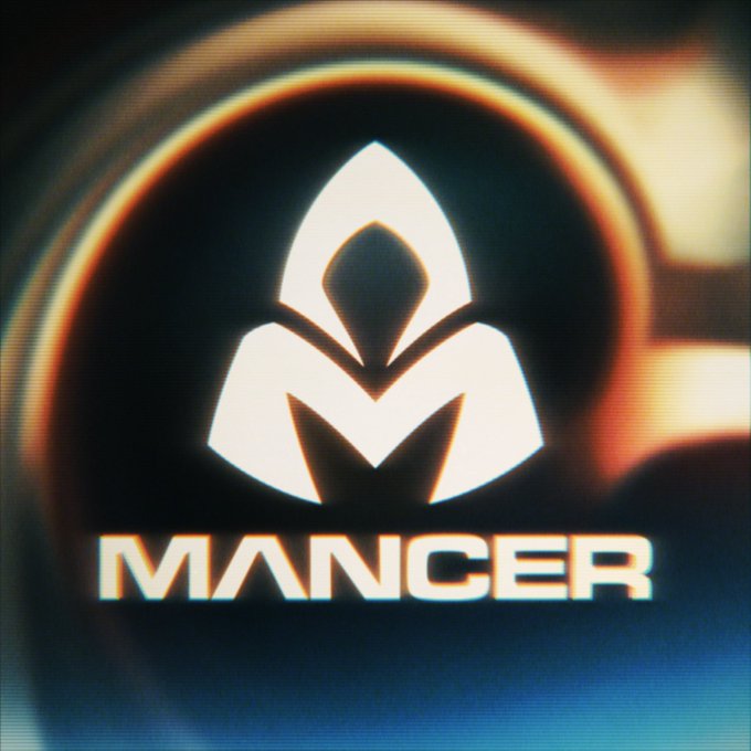 A stylized white logo with the text 'MANCER' displayed prominently against a dark background with a circular light effect.