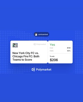 A screenshot of an amitrarora Instagram Story shows a Polymarket prediction market for the New York City FC vs. Chicago Fire MLS match, with "Both Teams to Score" priced at $206 (YES) and 60¢, displayed against a blue dotted background. The image directly corresponds to the post's MLS prediction tip, visualizing the "Yes" outcome the user is recommending.