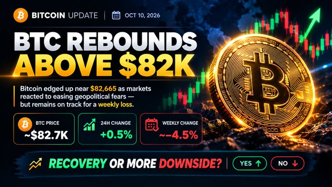A Bitcoin update graphic dated 'OCT 10, 2026' showing 'BTC REBOUNDS ABOVE $82K' with a price of ~$82.7K, a 24H change of +0.5%, and a weekly change of ~-4.5%.