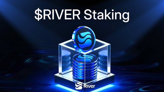 The image features a stack of blue coins, possibly representing cryptocurrency, placed inside a glass display case with a "River" logo on top. The text "$RIVER STAKING" is written above the coins, indicating that they are for sale or being used as payment. The background of the image is dark and blurred, drawing attention to the coins and the display case.