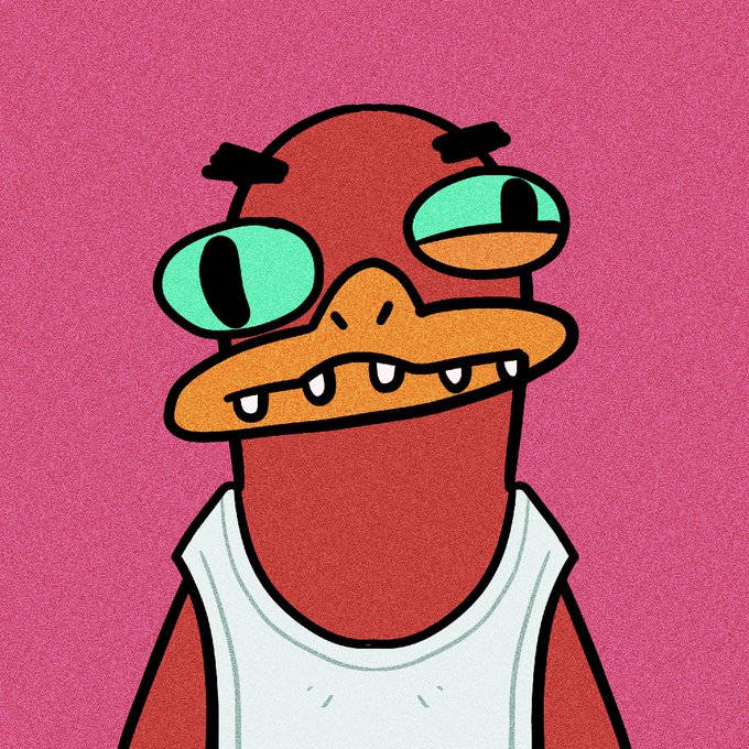 A cartoon illustration of a brown, duck-like creature with large teal eyes, a wide bill with small teeth, and a white tank top, set against a pink background.