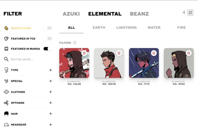 Screenshot of an NFT marketplace filter interface showing the 'Elemental' collection tab with character cards labeled 'ELEMENTAL NO. 14668', 'NO. 10078', 'NO. 7175', and 'NO. 4952', alongside filter options like Golden Mode, Featured in TCG, Type, Special, and Clothing.