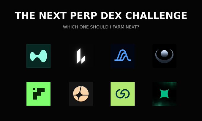 The image displays "THE NEXT PERP DEX CHALLENGE - WHICH ONE SHOULD I FARM NEXT?" featuring eight cryptocurrency project logos (including Hyperliquid, Drift, and Jupiter) arranged in a grid, directly illustrating the post's question about which perpetual DEX projects to feature in future challenges.