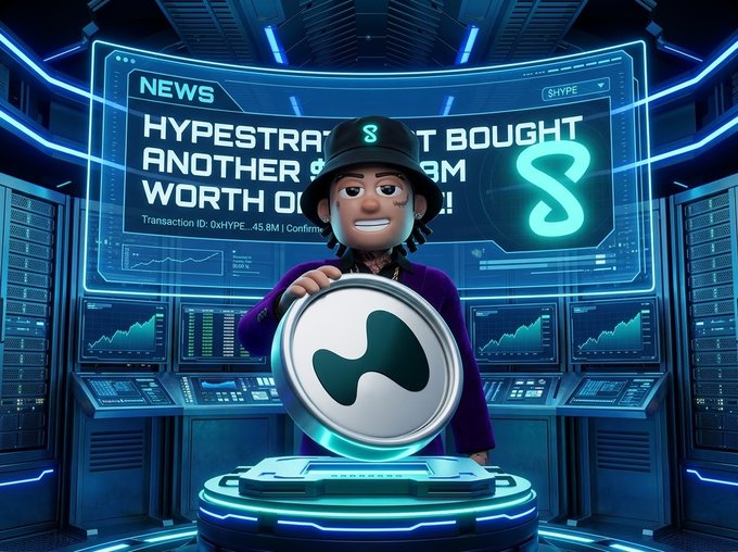 A 3D-rendered cartoon character wearing a black cap with an 'S' logo, holding a large SUI coin, standing in a futuristic news room with a screen reading 'HYPE... BOUGHT ANOTHER... WORTH...' and transaction details referencing 45.8M.