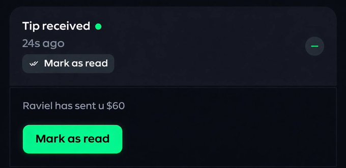 A dark-themed notification panel shows a tip received alert stating "Raviel has sent u $60," with a "Mark as read" button and timestamp of "24s ago." This image illustrates the post's premise, showing proof that the creator (@kivotrx) is actively distributing $60 tips to users who follow and comment as instructed.