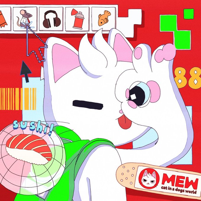 A cheerful white cartoon cat with pink ears makes a peace sign against a vibrant red background featuring various icons, a barcode, and the text "sushi!" "88," and "MEW cat in a dogs world." The image's playful "MEW" branding and cat-centric theme directly reinforce the post's whimsical "mew…" caption, personifying a cute cat sound as if the character itself is speaking.