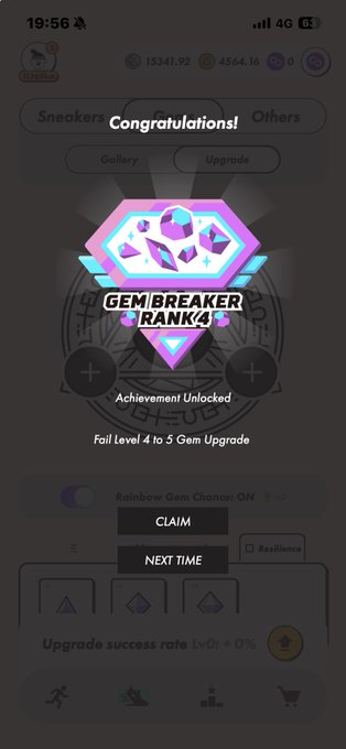 A mobile game achievement screen showing "Congratulations! GEM BREAKER RANK 4" unlocked with a "CLAIM" and "NEXT TIME" button, and stats like "15341.92" and "4564.16" at the top.