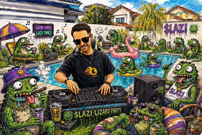 A vibrant, chaotic illustration of a DJ named 'SLAZI' performing at a 'LAZY TIMES' pool party surrounded by green lizards in sunglasses drinking '$LAZI FUEL' energy drinks.