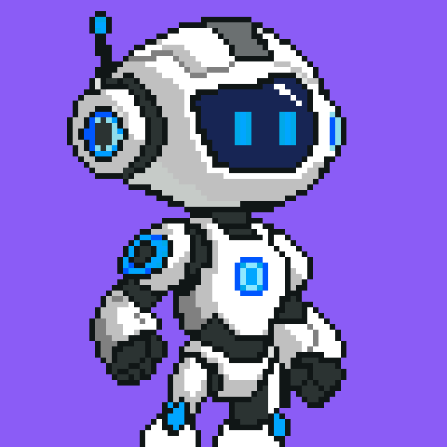 Pixel art illustration of a white and grey humanoid robot with blue accents and a digital blue visor, set against a solid purple background.