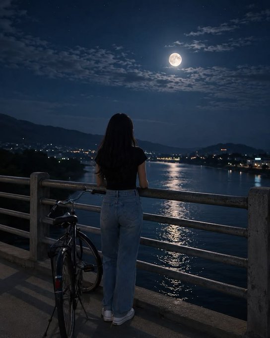 A nighttime scene of a woman with long dark hair standing at a bridge railing beside a bicycle, gazing at a full moon reflecting on a river with city lights in the distance.