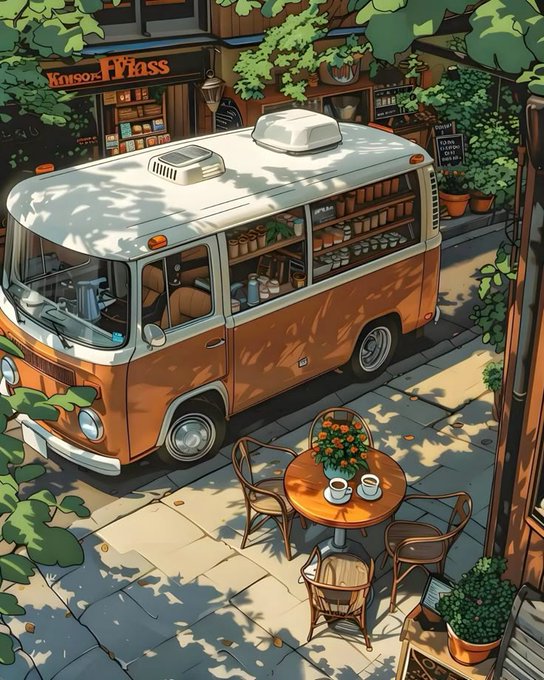 Stylized illustration of an orange and white vintage VW-style camper van parked on a cobblestone street next to a small café table with coffee cups and flowers.
