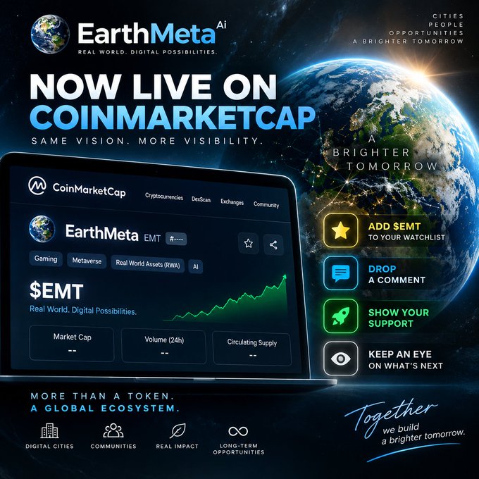 A promotional graphic announces 'EarthMeta Ai' is 'NOW LIVE ON COINMARKETCAP' with the ticker $EMT, displaying a placeholder chart and emphasizing 'A BRIGHTER TOMORROW' and 'TOGETHER we build a brighter tomorrow.'