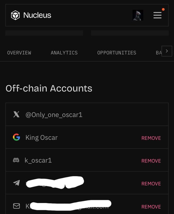 Screenshot of the Nucleus app showing an 'Off-chain Accounts' section listing linked accounts: X (@Only_one_oscar1), Google (King Oscar), Discord (k_oscar1), Telegram, and Email, with some names redacted in white.