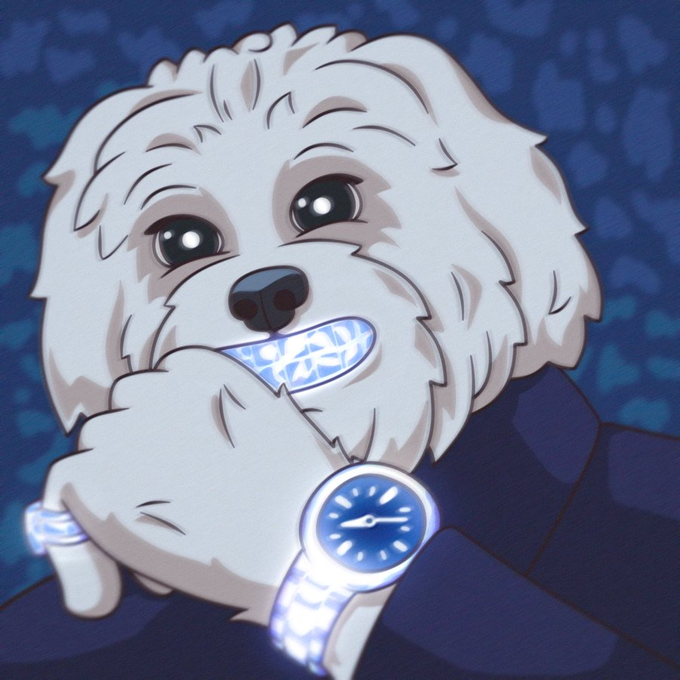 The image shows an animated white fluffy dog, resembling a Pomeranian or similar breed, wearing a glowing blue watch on its wrist and appearing to showcase icy, glittering teeth, set against a dark blue background. This appears to represent "Brodie," the mascot of the $BRODIE meme coin, visually emphasizing the "solid" and high-quality nature referenced in the post about PONS' buyback mechanism.