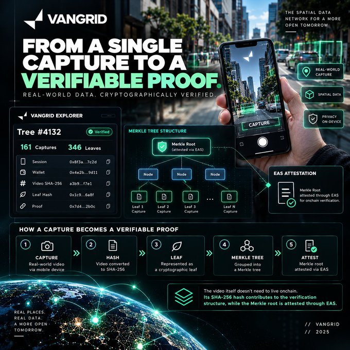 A Vangrid promotional infographic titled 'FROM A SINGLE CAPTURE TO A VERIFIABLE PROOF' explaining cryptographic verification using Merkle trees and EAS.