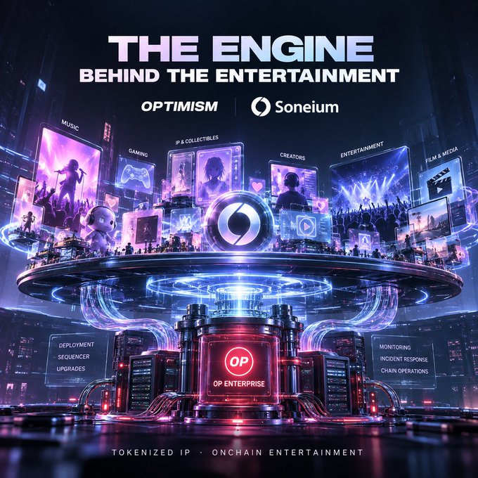 A promotional graphic titled 'THE ENGINE BEHIND THE ENTERTAINMENT' featuring Optimism and Soneium branding, showcasing tokenized IP and onchain entertainment across music, gaming, creators, and film & media.