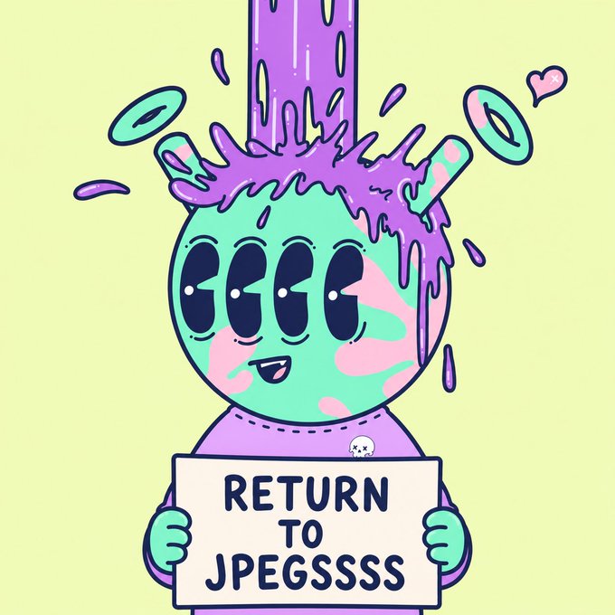 A cartoon illustration of a green and pink character with purple liquid pouring onto its head, holding a sign that reads 'RETURN TO JPEGSSSS'.