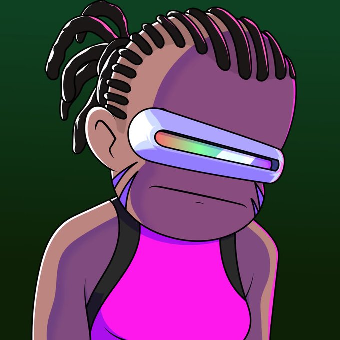 A digital cartoon illustration of a character with dark skin and braided hair, wearing a futuristic purple visor with a glowing rainbow center, set against a dark green background.