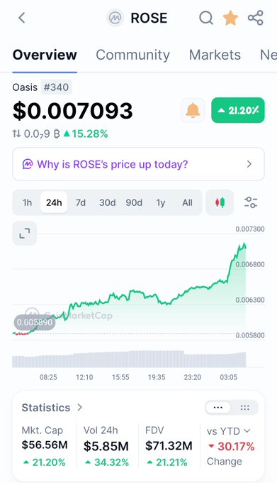 A cryptocurrency tracking app screenshot showing the token 'ROSE' (Oasis #340) with a current price of $0.007093, up 21.20%, alongside a 24-hour price chart and market statistics.