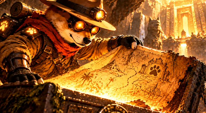 A digital artwork depicts an anthropomorphic dog character dressed as an explorer with goggles and a hat, examining an old treasure map with a paw print symbol in a golden-lit ancient ruin.
