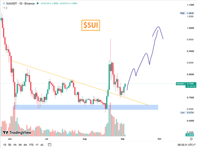 A TradingView candlestick chart displays the SUI/USDT pair on Binance, currently trading around 0.7596.