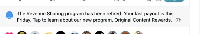 A Snapchat notification that reads: 'The Revenue Sharing program has been retired. Your last payout is this Friday. Tap to learn about our new program, Original Content Rewards.'