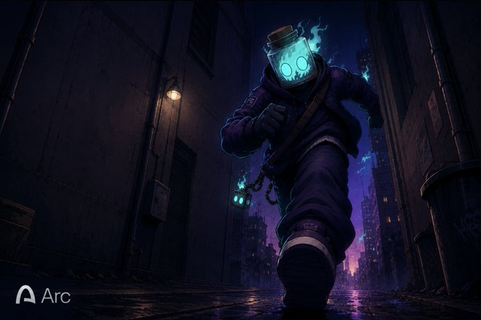 A hooded figure with a glowing jar for a head runs down a dark alley, accompanied by a smaller lantern-wielding creature, embodying the creative, original, and authentic spirit teased as Arc's upcoming mascot reveal.
