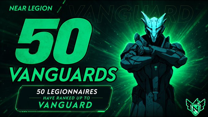 A graphic featuring a futuristic armored character with text reading 'NEAR LEGION', '50 VANGUARDS', and '50 LEGIONNAIRES HAVE RANKED UP TO VANGUARD'.