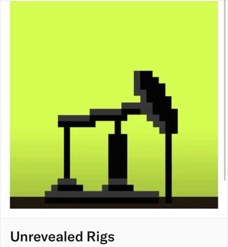 A minimalist pixel art image on a green background showing a black silhouette of an oil pump jack, labeled "Unrevealed Rigs".