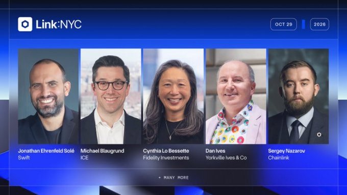 A 'Link:NYC' event graphic dated OCT 29, 2026, featuring headshots of speakers Jonathan Ehrenfeld Solé (Swift), Michael Blaugrund (ICE), Cynthia Lo Bessette (Fidelity Investments), Dan Ives (Yorkville Ives & Co), and Sergey Nazarov (Chainlink).