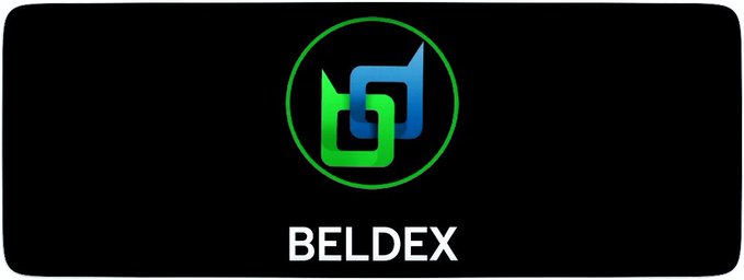 A digital advertisement displays the green and blue geometric logo for "BELDEX" on a black background.