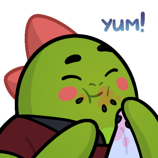 A cartoon illustration of a green, dinosaur-costumed character with a red bow eating and making a mess, with the word 'YUM!' written above.