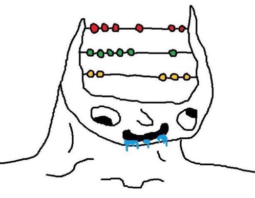 A crudely drawn cartoon face with three horizontal rows of colored dots (red, green, and yellow) across its forehead and blue liquid dripping from its mouth.