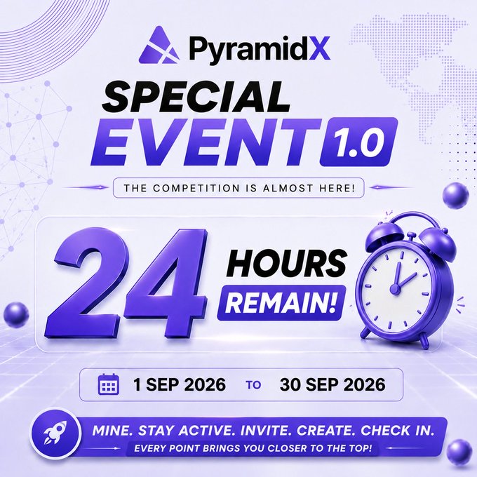 The image is a promotional graphic for PyramidX's "Special Event 1.0," featuring a purple alarm clock and bold "24 HOURS REMAIN!" countdown text alongside the event dates of 1 Sep 2026 to 30 Sep 2026. It visually reinforces the post's urgency, encouraging miners to prepare for the upcoming competition where every point counts toward winning rewards.