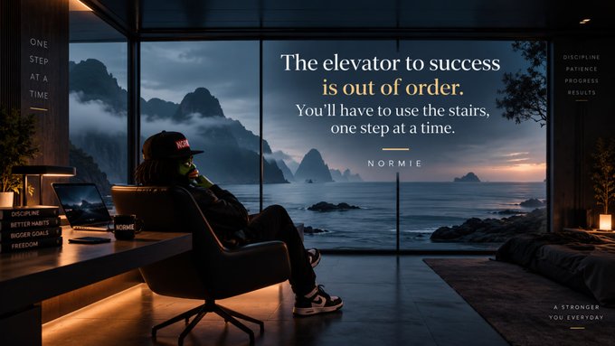 A motivational poster showing a person in a chair looking at a mountainous seascape, with the quote 'The elevator to success is out of order. You'll have to use the stairs, one step at a time. NORMIE' alongside a checklist.